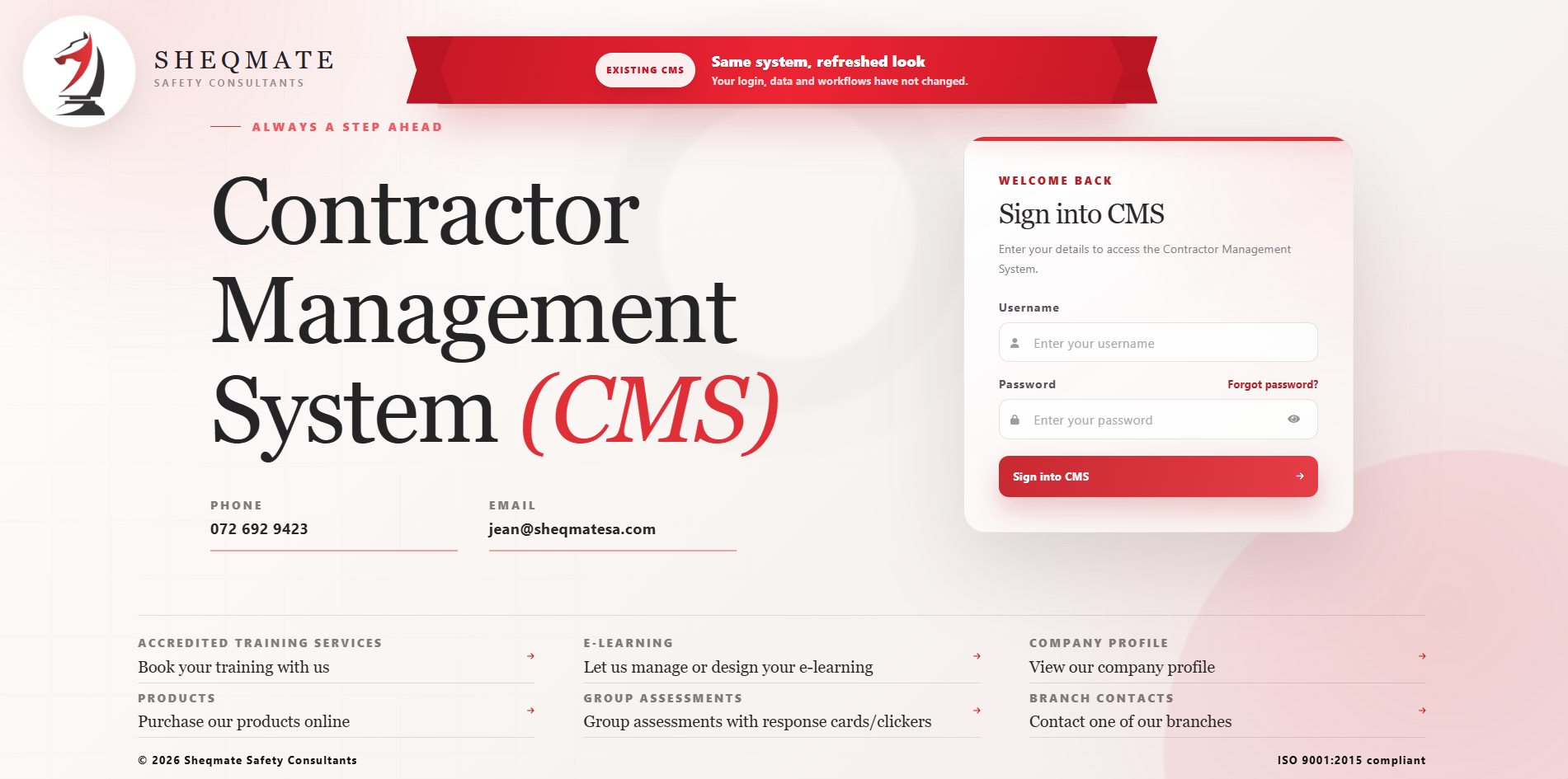 SHEQMATE CMS login page
