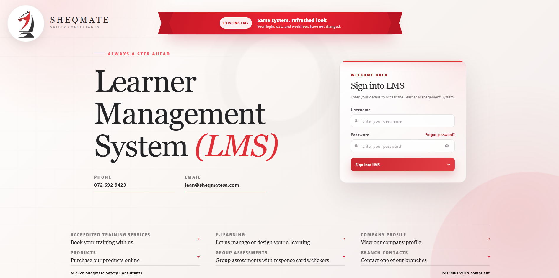 SHEQMATE LMS login page